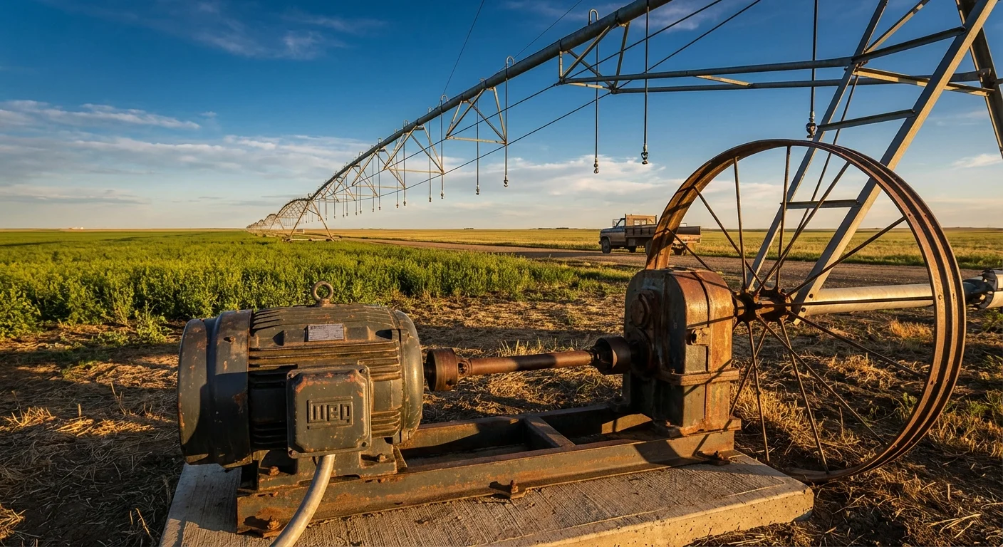Electric motor driving center-pivot irrigation system on Alberta farm -- Complete Electric serves agriculture