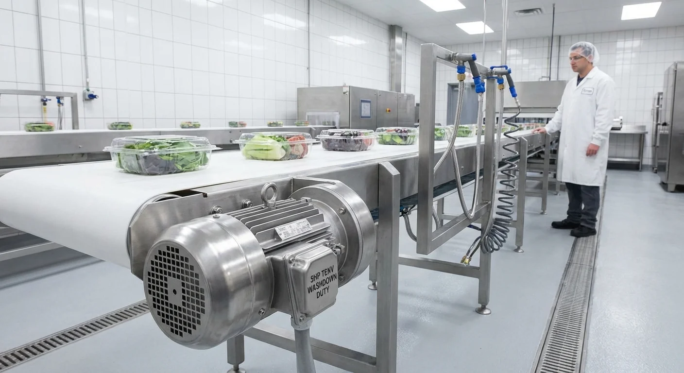 Stainless steel washdown motor on food processing line -- Complete Electric services food industry motors