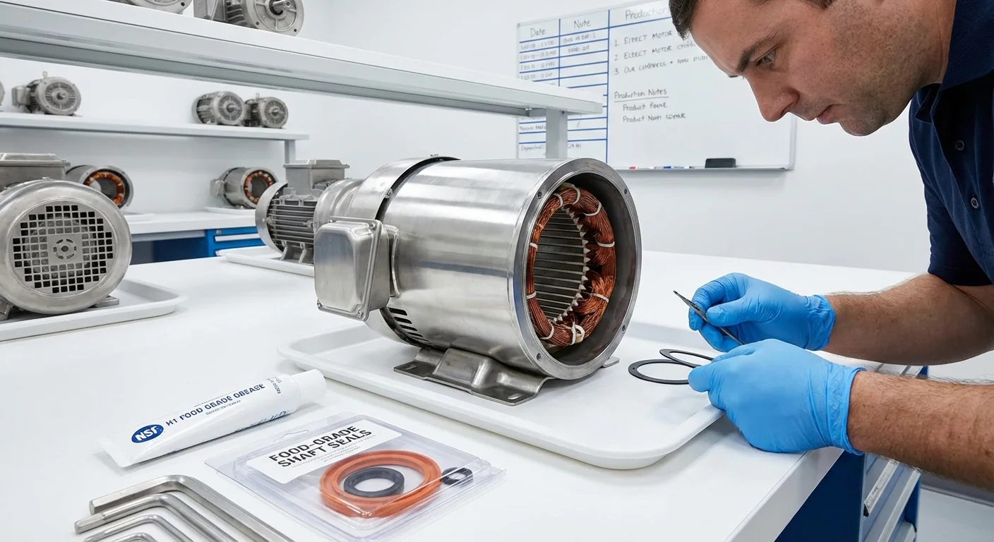 Stainless steel food processing motor being serviced with food-grade materials at Complete Electric Calgary