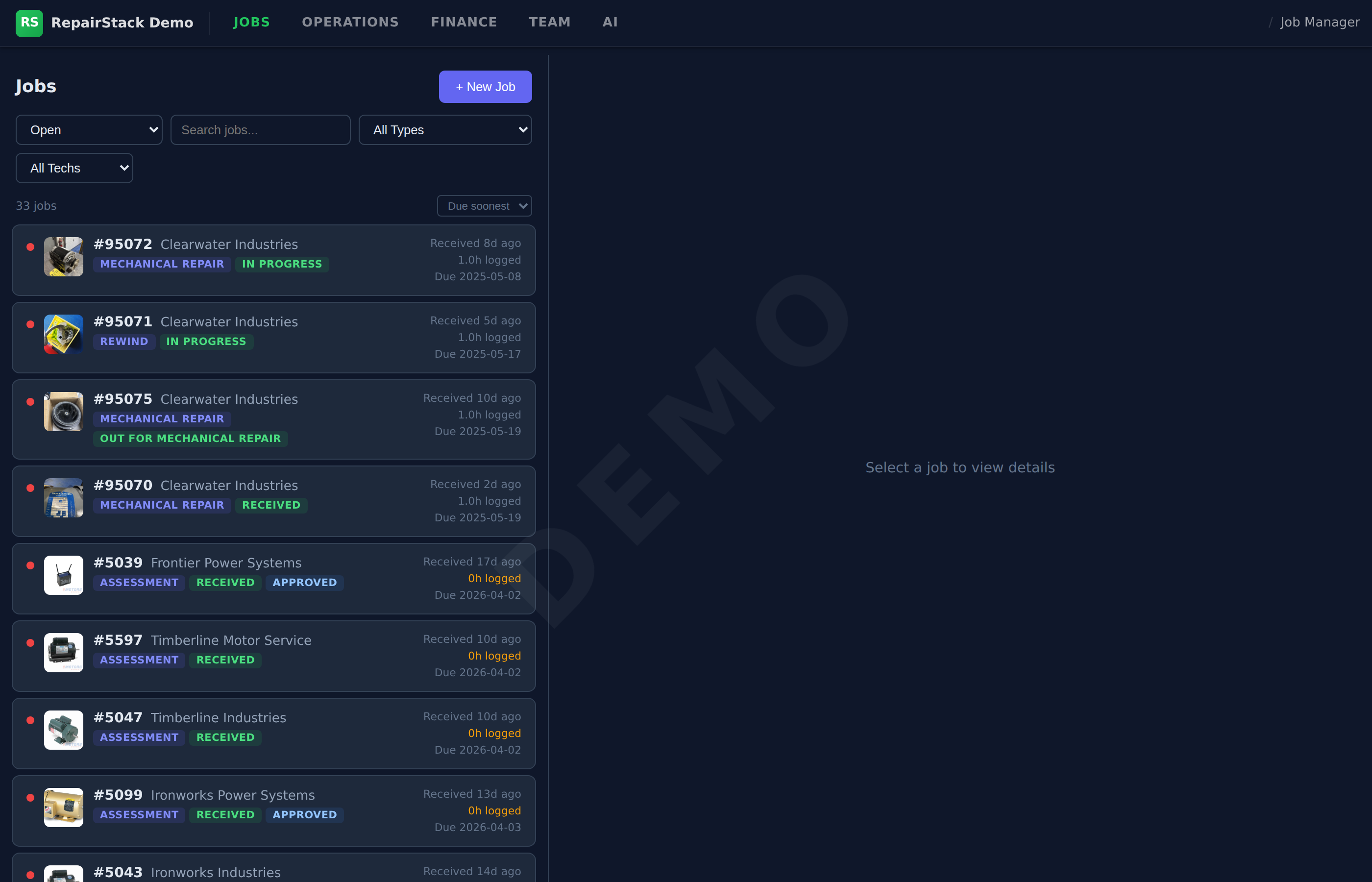 Job Manager dashboard showing real motor repair jobs