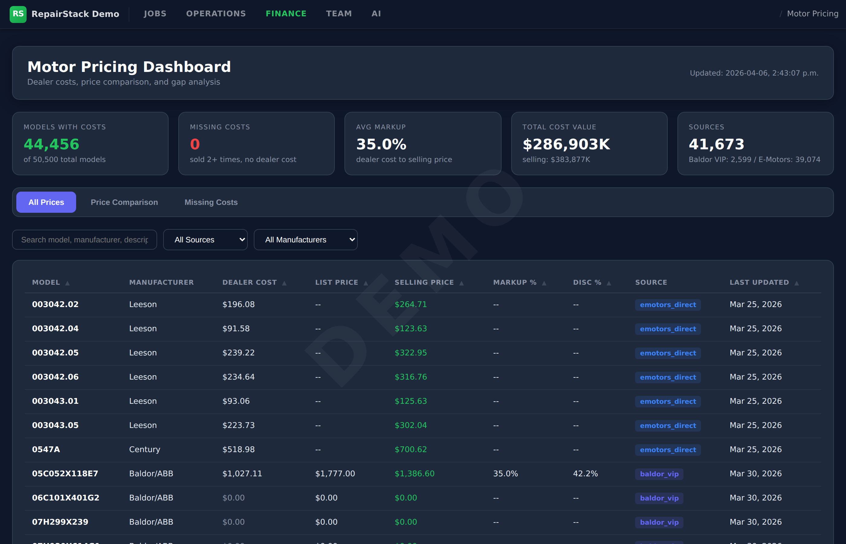 Motor pricing dashboard with supplier costs and AI recommendations