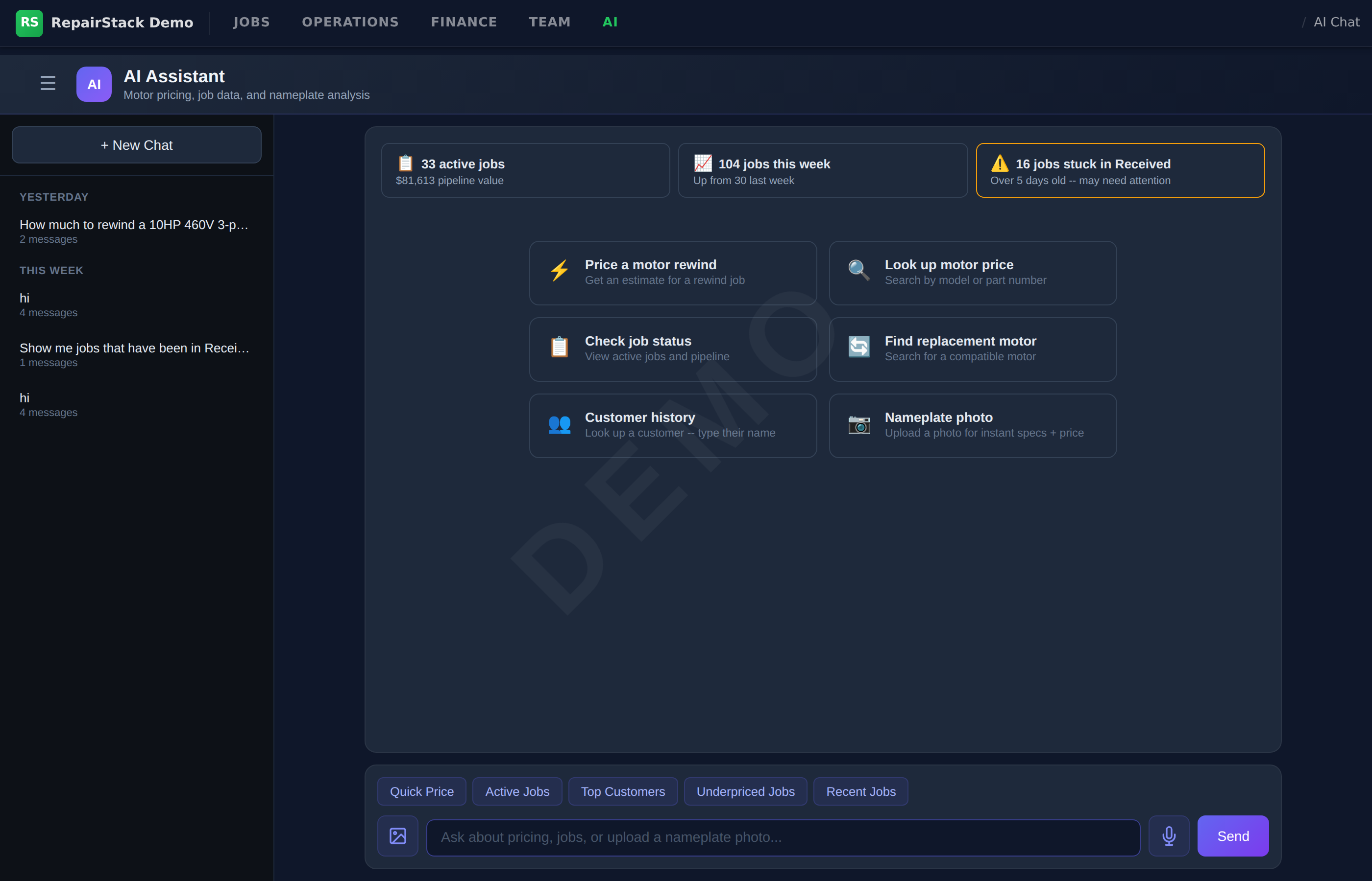 AI chat assistant with quick actions for pricing and job lookup