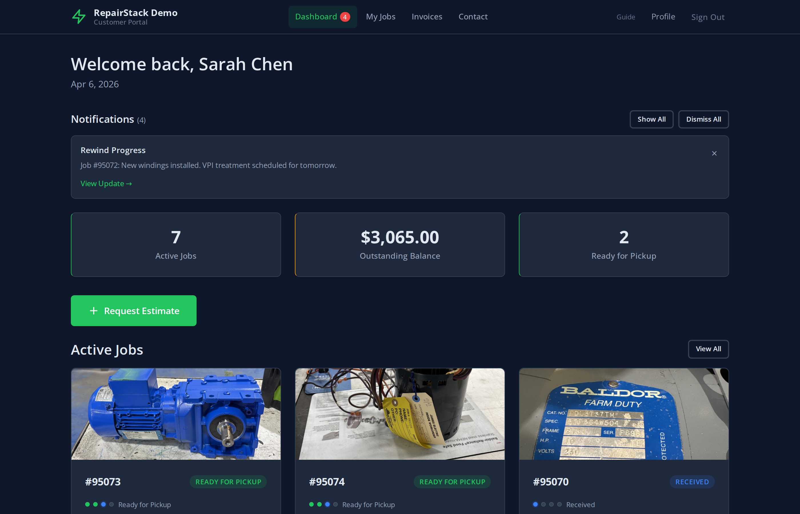 Customer portal dashboard showing active jobs, outstanding balance, motor photos
