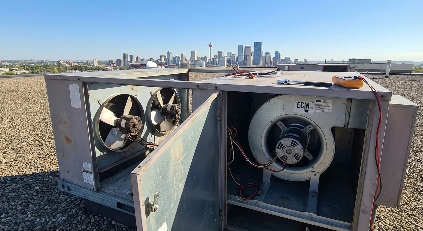 Commercial HVAC rooftop unit showing electric motors serviced by Complete Electric Calgary