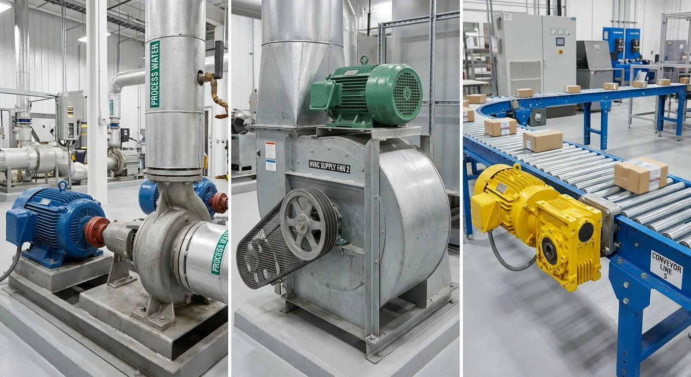 Various motor applications in manufacturing -- pumps, fans, and conveyors serviced by Complete Electric Calgary