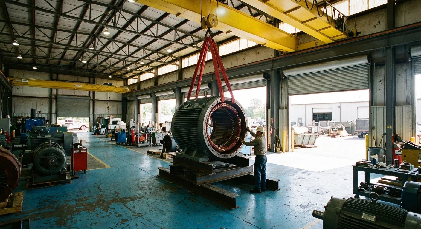 Large motor stator being moved by overhead crane during repair at Complete Electric Calgary