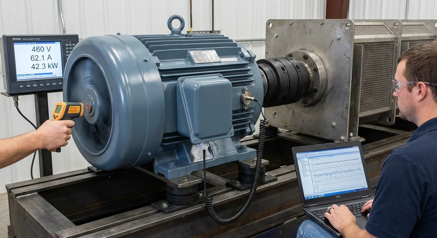 Refurbished motor undergoing load testing and quality verification at Complete Electric Calgary