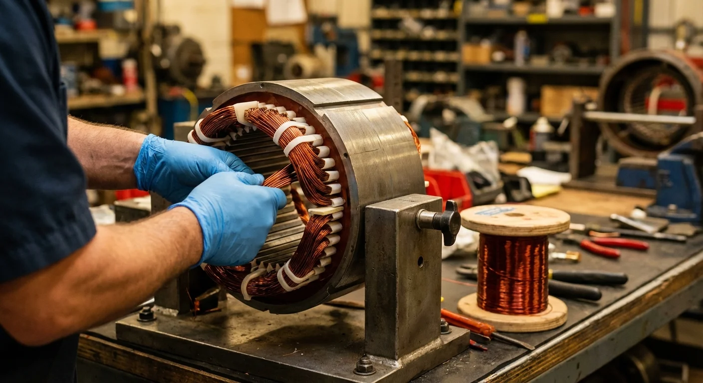 Technician inserting new copper coils into motor stator during precision rewinding