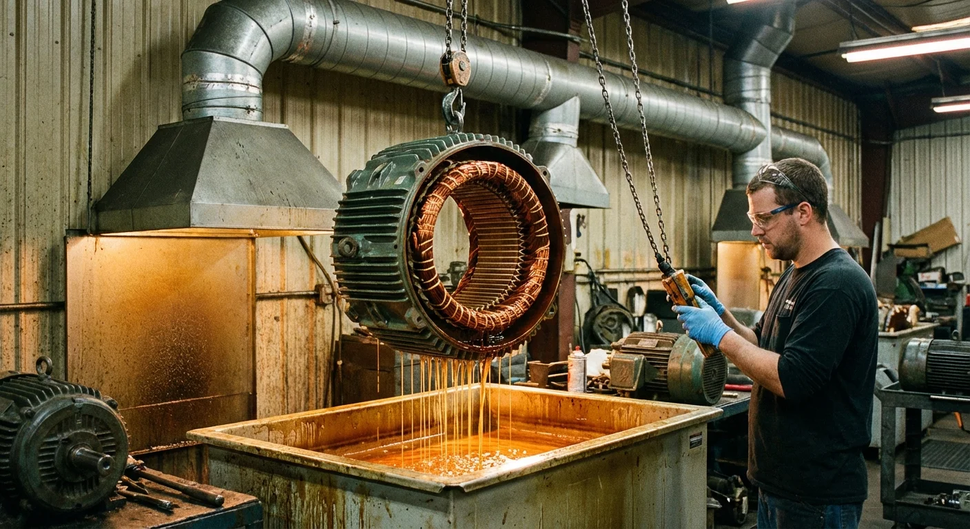 Motor stator being dipped in insulating varnish after rewinding at Complete Electric Calgary