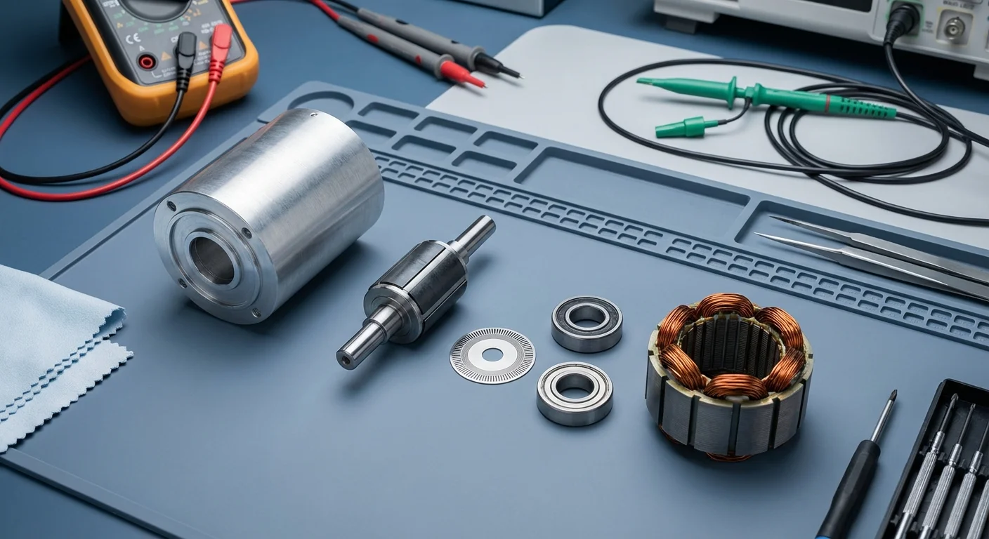 Disassembled industrial servo motor showing precision components during repair at Complete Electric Calgary
