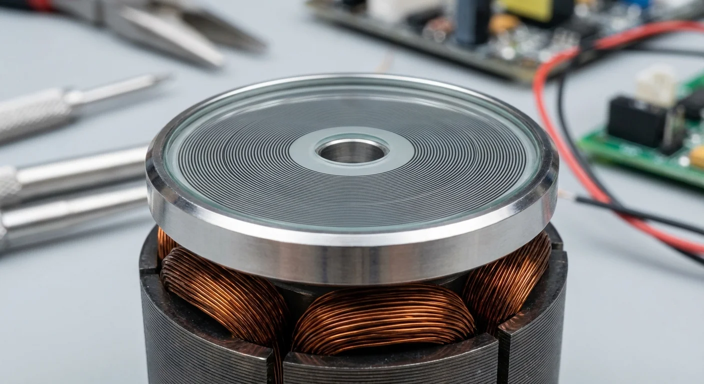Close-up of servo motor encoder and precision windings during repair at Complete Electric