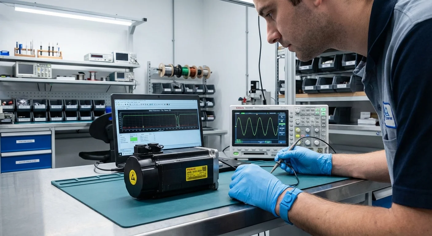 Technician performing diagnostic testing on industrial servo motor at Complete Electric Calgary