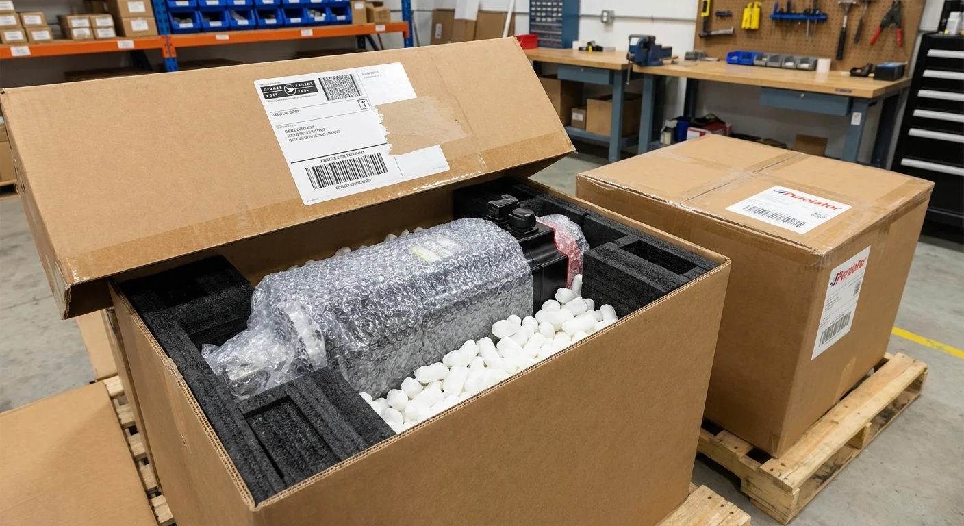 Servo motor professionally packaged for shipping to customers across Canada from Complete Electric
