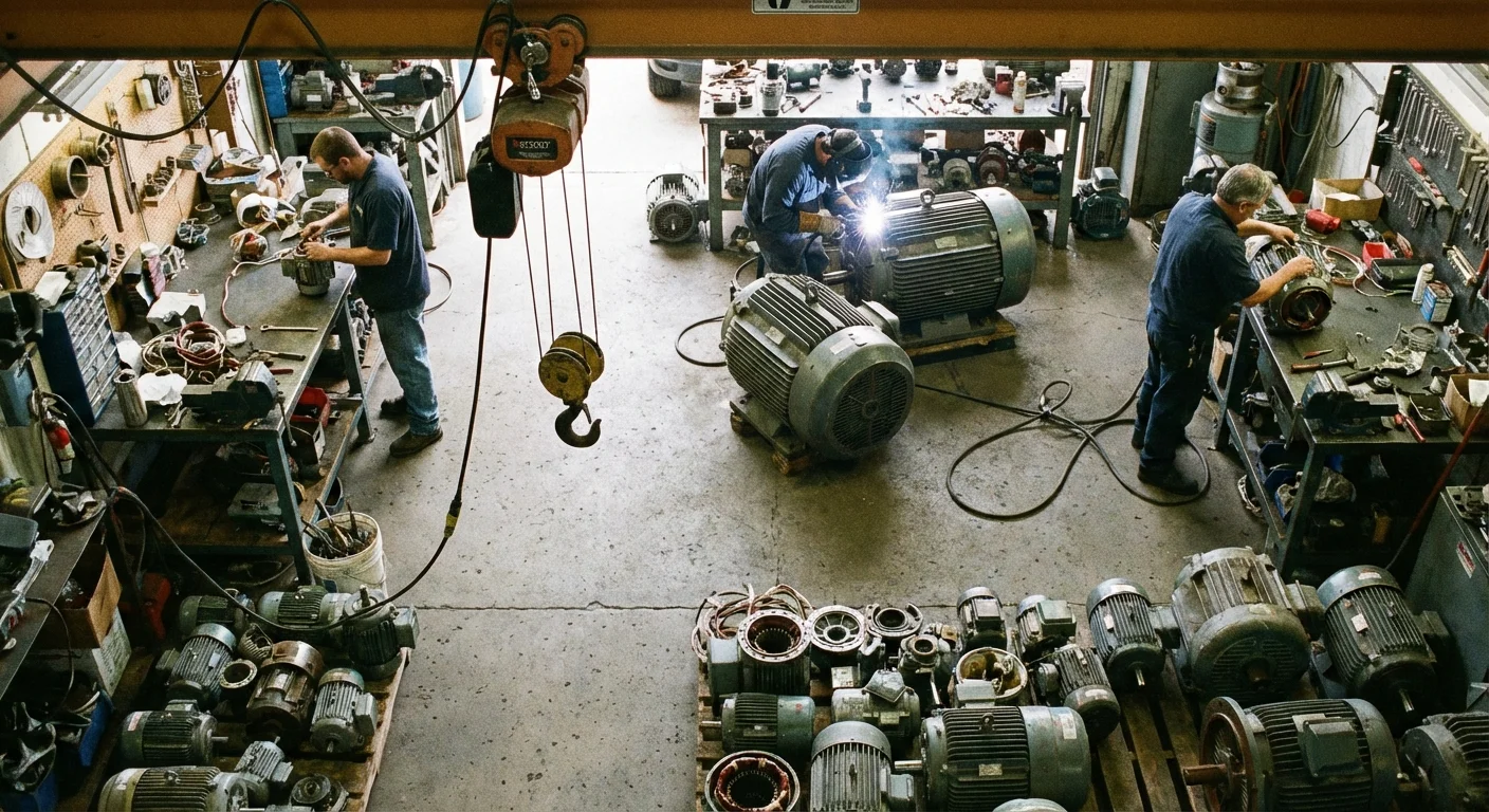 Complete Electric motor repair shop floor overview -- family-owned since 1986 in Calgary Alberta