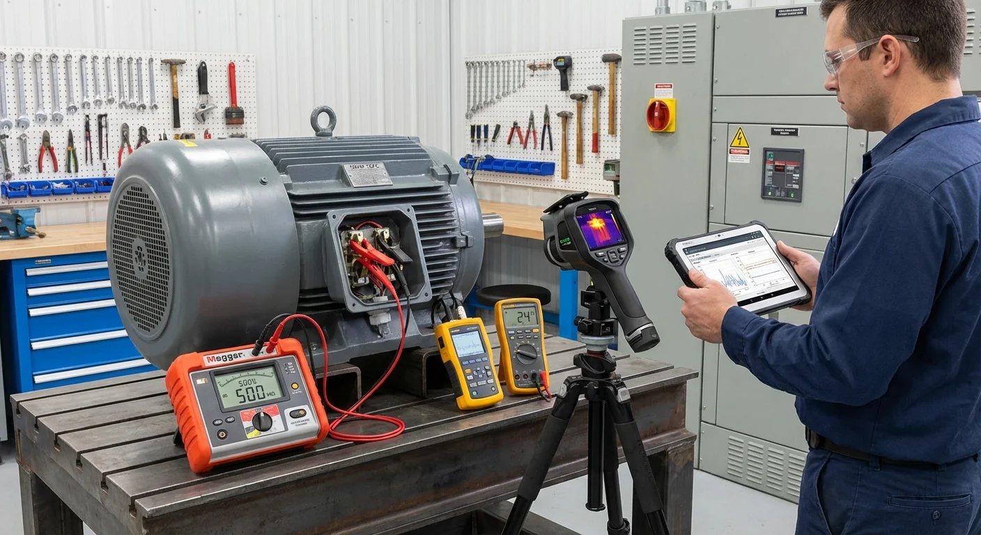 Comprehensive electric motor testing station at Complete Electric Calgary -- insulation, vibration, and thermal analysis