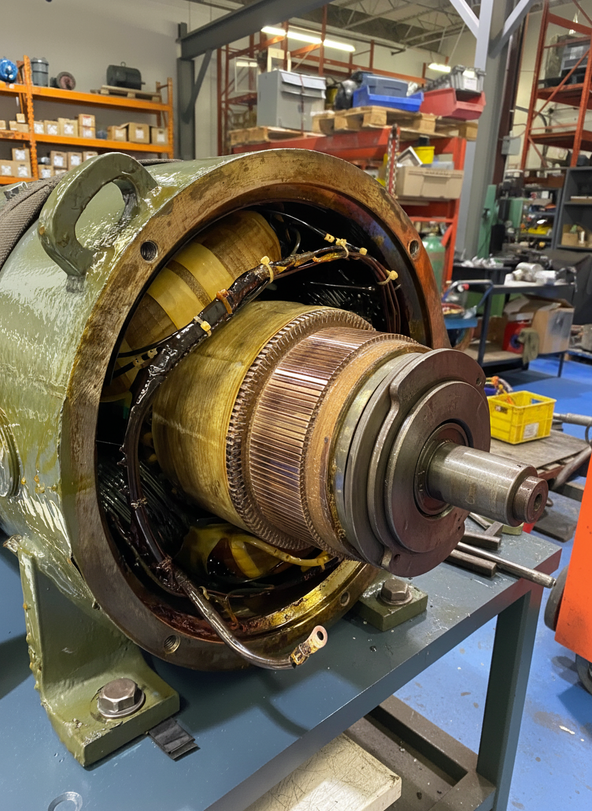 DC motor with commutator during repair at Complete Electric