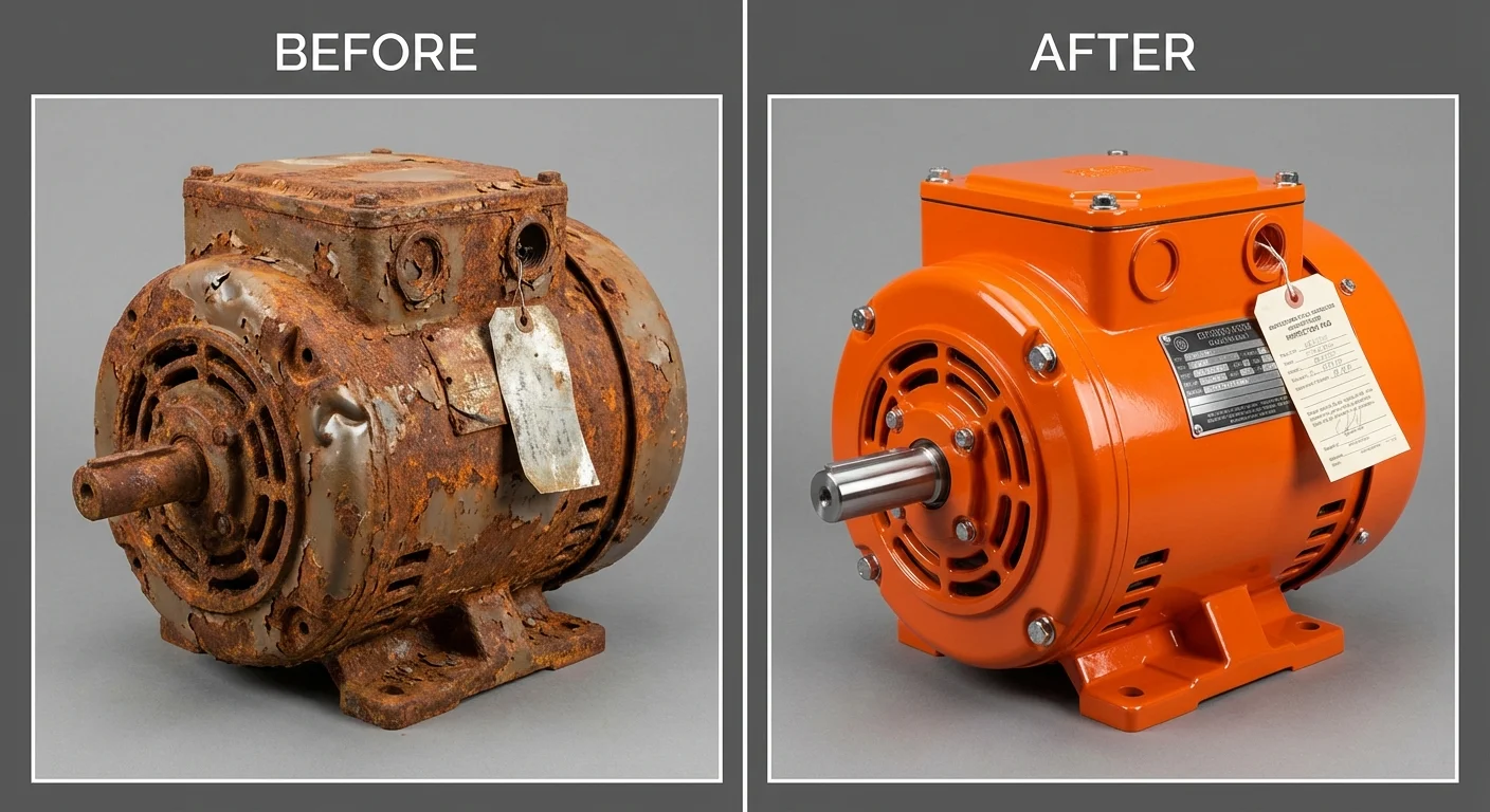 Before and after explosion proof motor repair -- from corroded to fully restored and recertified