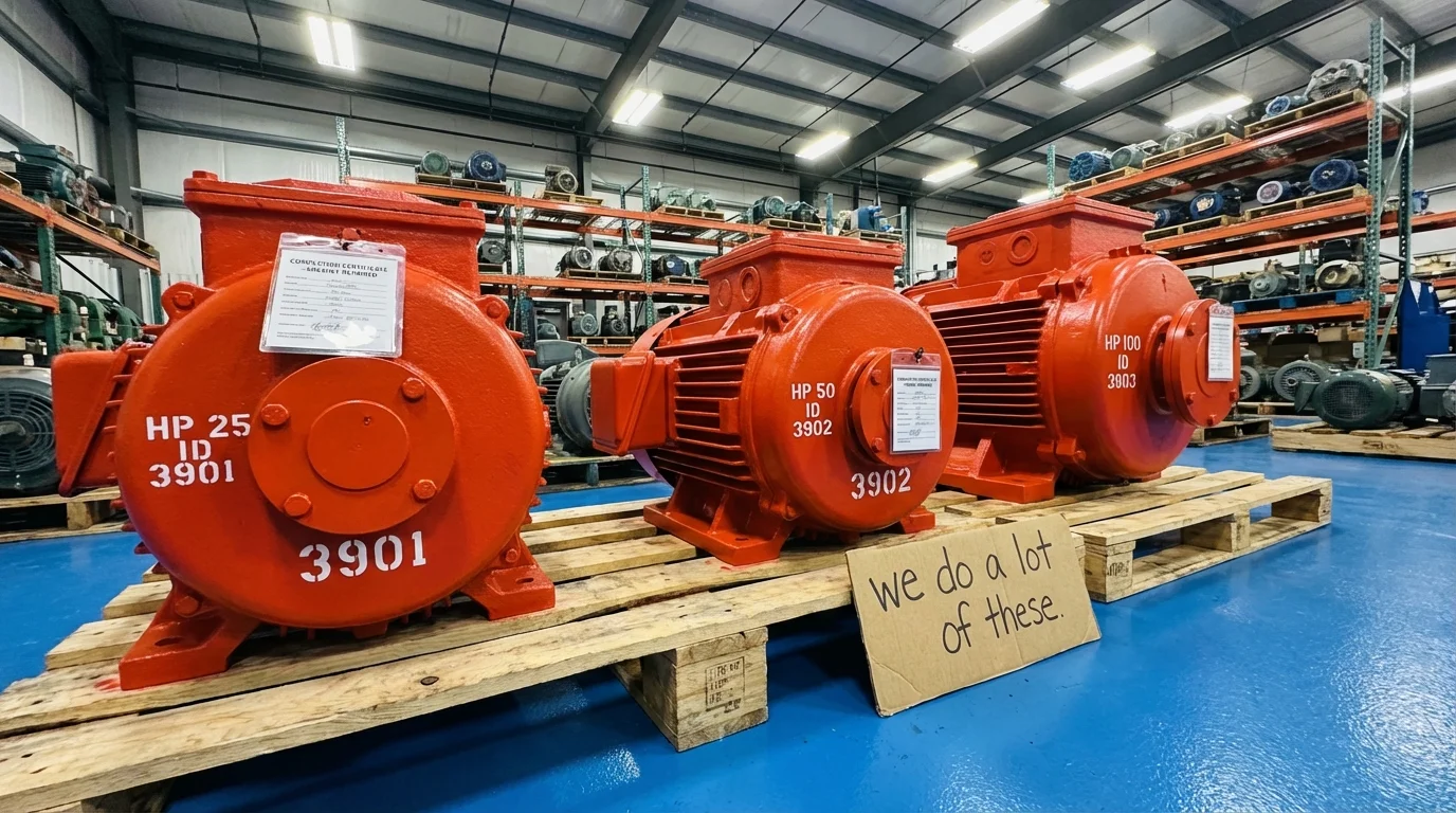 Row of completed explosion proof motors ready for customer pickup at Complete Electric Calgary