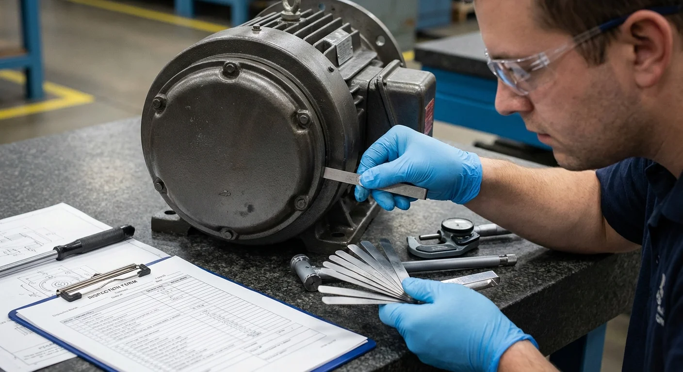 Technician measuring explosion proof motor flame path for certification at Complete Electric Calgary